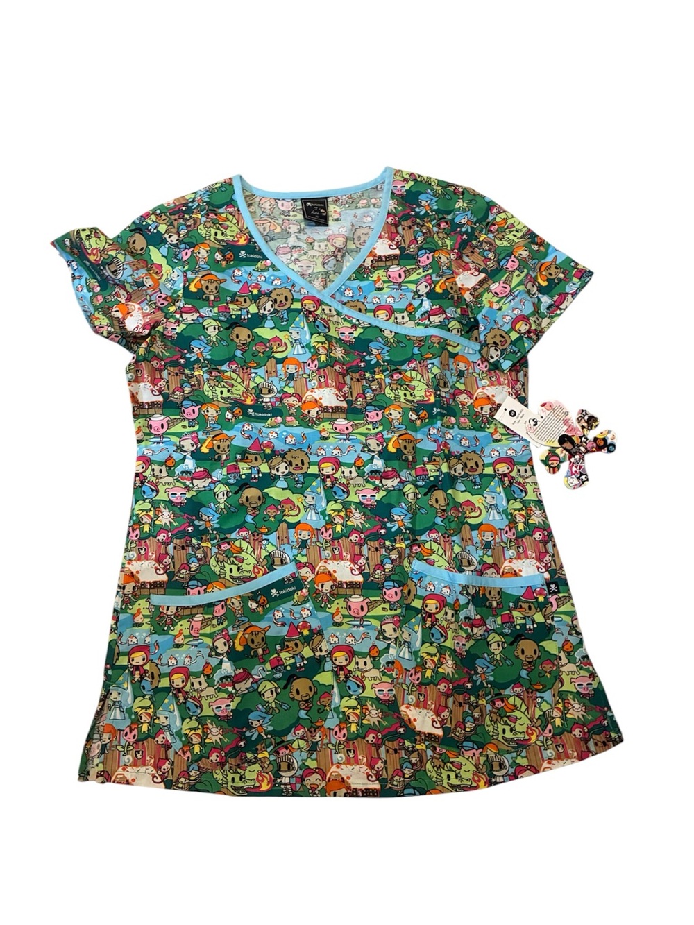 koi Teal Green Cartoon Print V-Neck Scrub Top